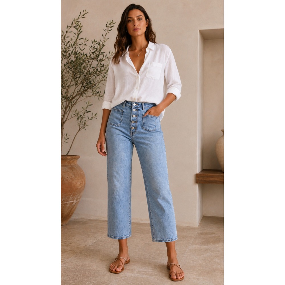 Levis Premium Patch Pocket Ribcage Straight Ankle Jeans Light Wash Button Fly 29